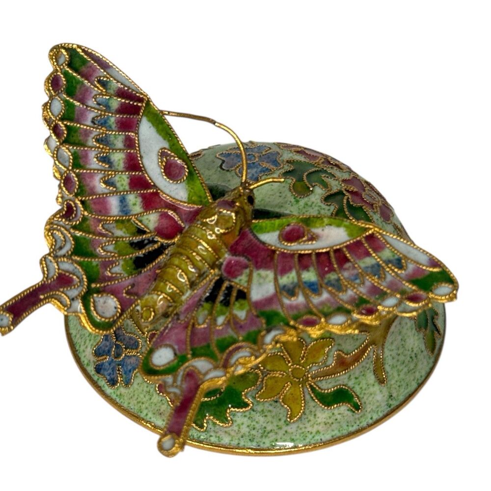Vintage Enamel Cloisonne Butterfly Wind-Up Music Box Green Floral Gilt
